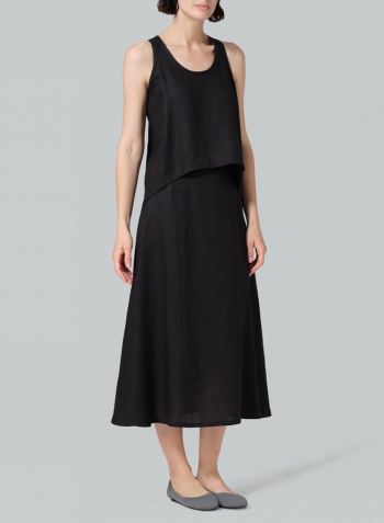 Black Linen Pull-On A-Line Flowing Skirt