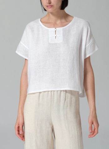 White Linen Handmade Knot Button Boxy Cropped Top