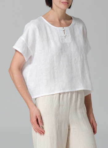 White Linen Handmade Knot Button Boxy Cropped Top