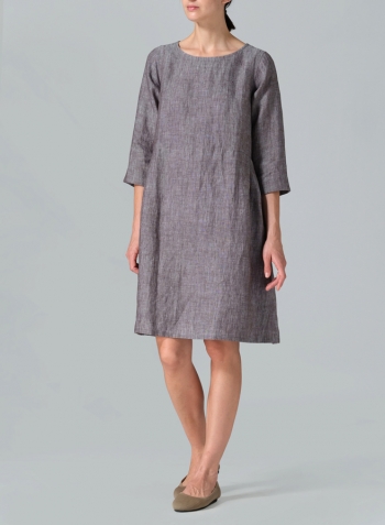Two Tone Brown Linen Mid-Length Dress