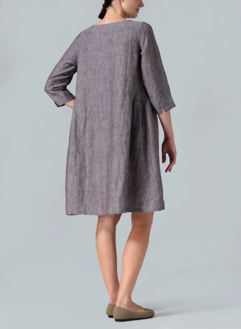 Two Tone Brown Linen Mid-Length Dress
