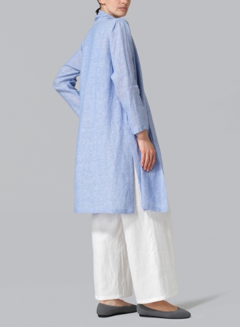Cornflower Blue Linen Open-Front Shawl Collar Jacket