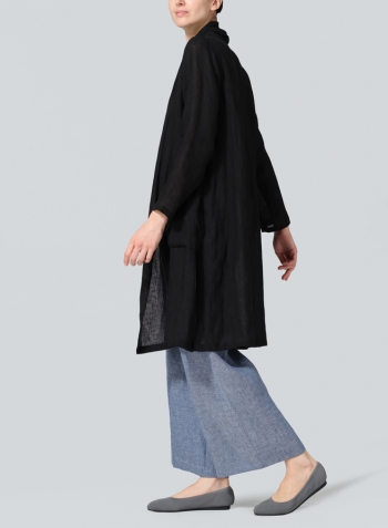 Black Linen Open-Front Shawl Collar Jacket