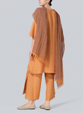 Golden Brown Linen Wide A-line V-neck Mandarin Collar Tunic Set