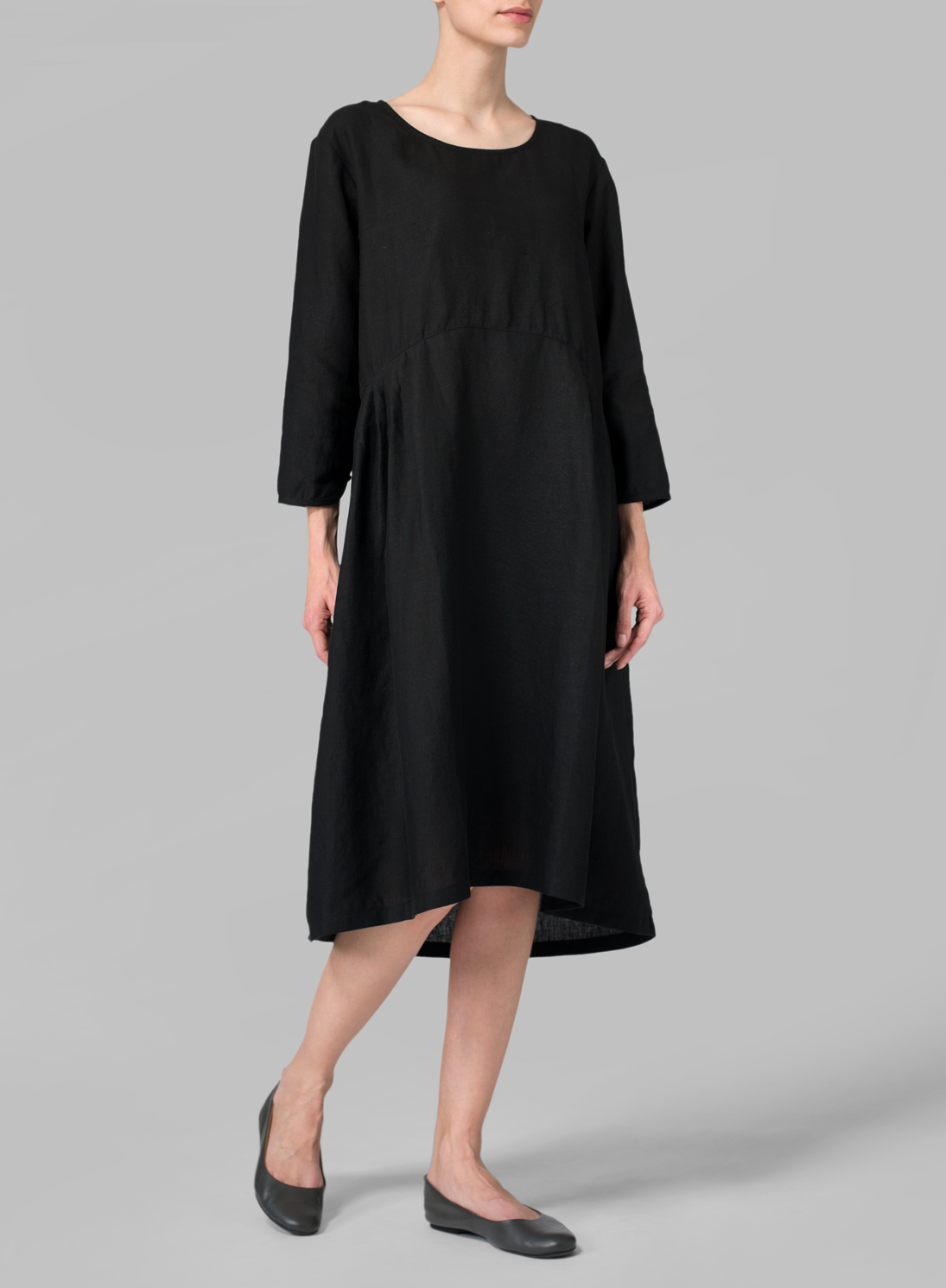 Black Linen Empire Waist Midi Dress