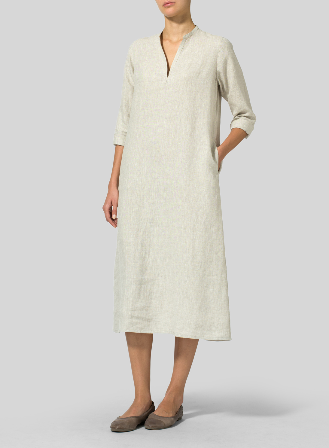 Linen Vneck Mandarin Collar Dress Tunic