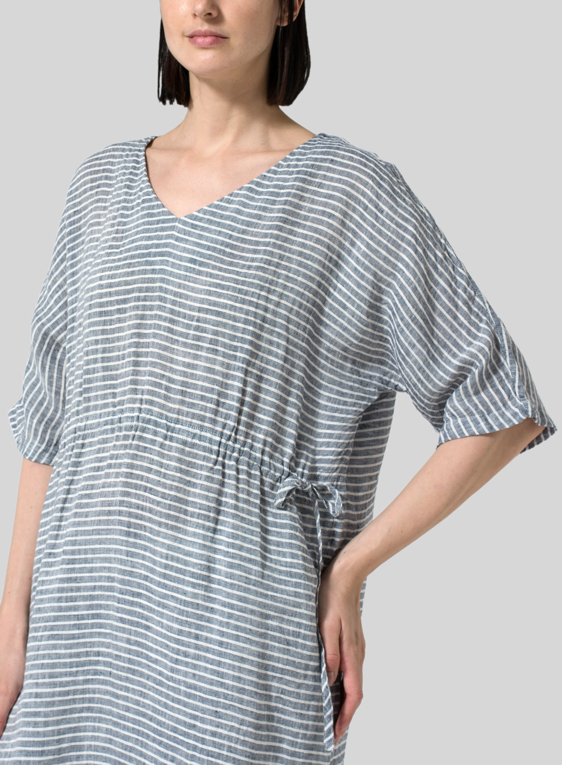 Linen Vneck Drawstring Dress