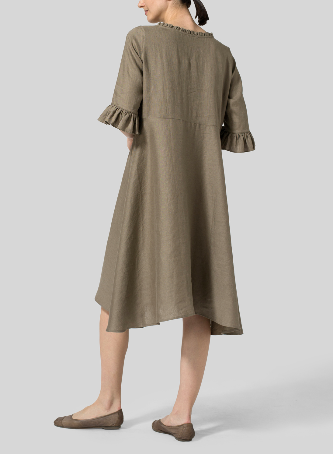 Light Tan Linen Ruffle Sleeves Long Dress