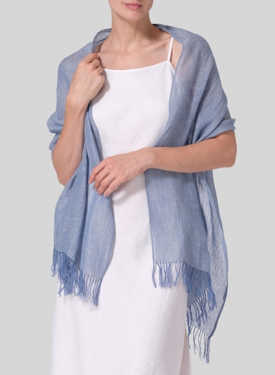 Two Tone Light Blue Linen Hand-crafted Tassel Scarf