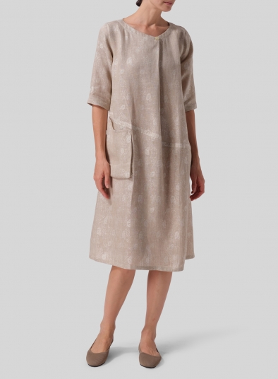 Linen Jacquard Long Center Pleated Dress