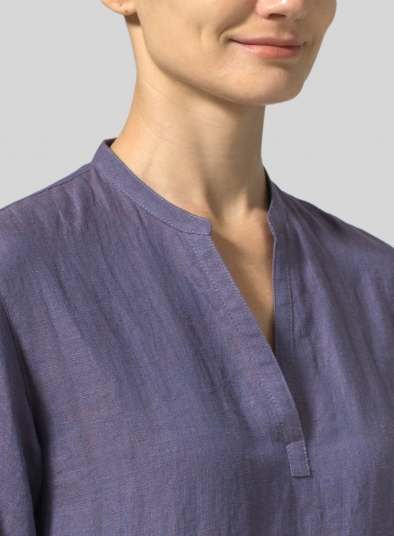 Linen V-neck Mandarin Collar Dress Tunic