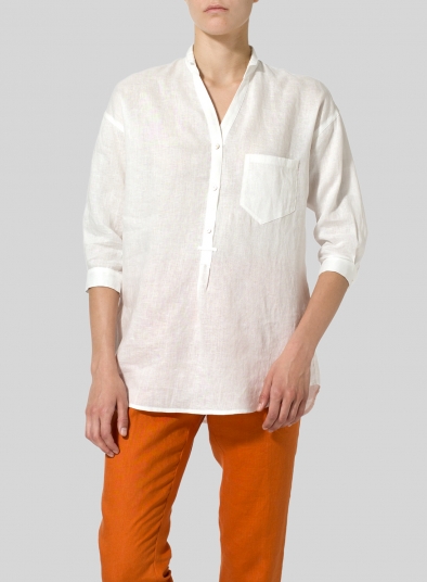 Linen Blouse With V-neck Mandarin Collar