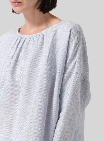 Linen Loose Pleated Crew Neck Blouse