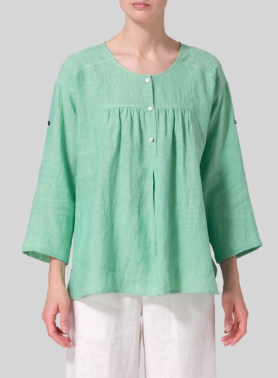 Linen Loose Fit Roll-Tab Sleeve Pleated Blouse
