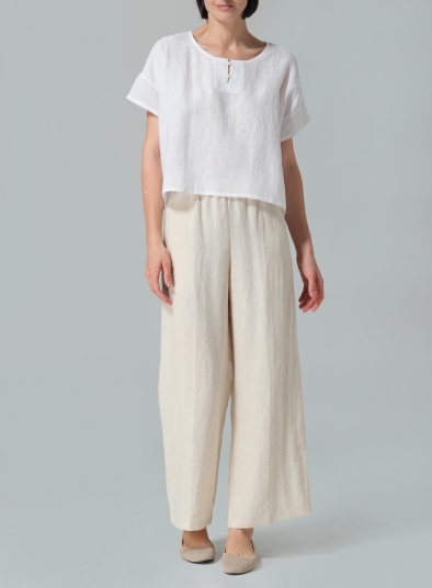 Linen Handmade Knot Button Boxy Cropped Top