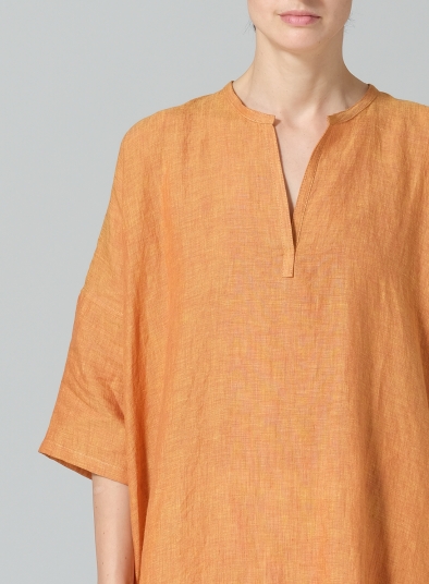 Linen Wide A-line V-neck Mandarin Collar Tunic