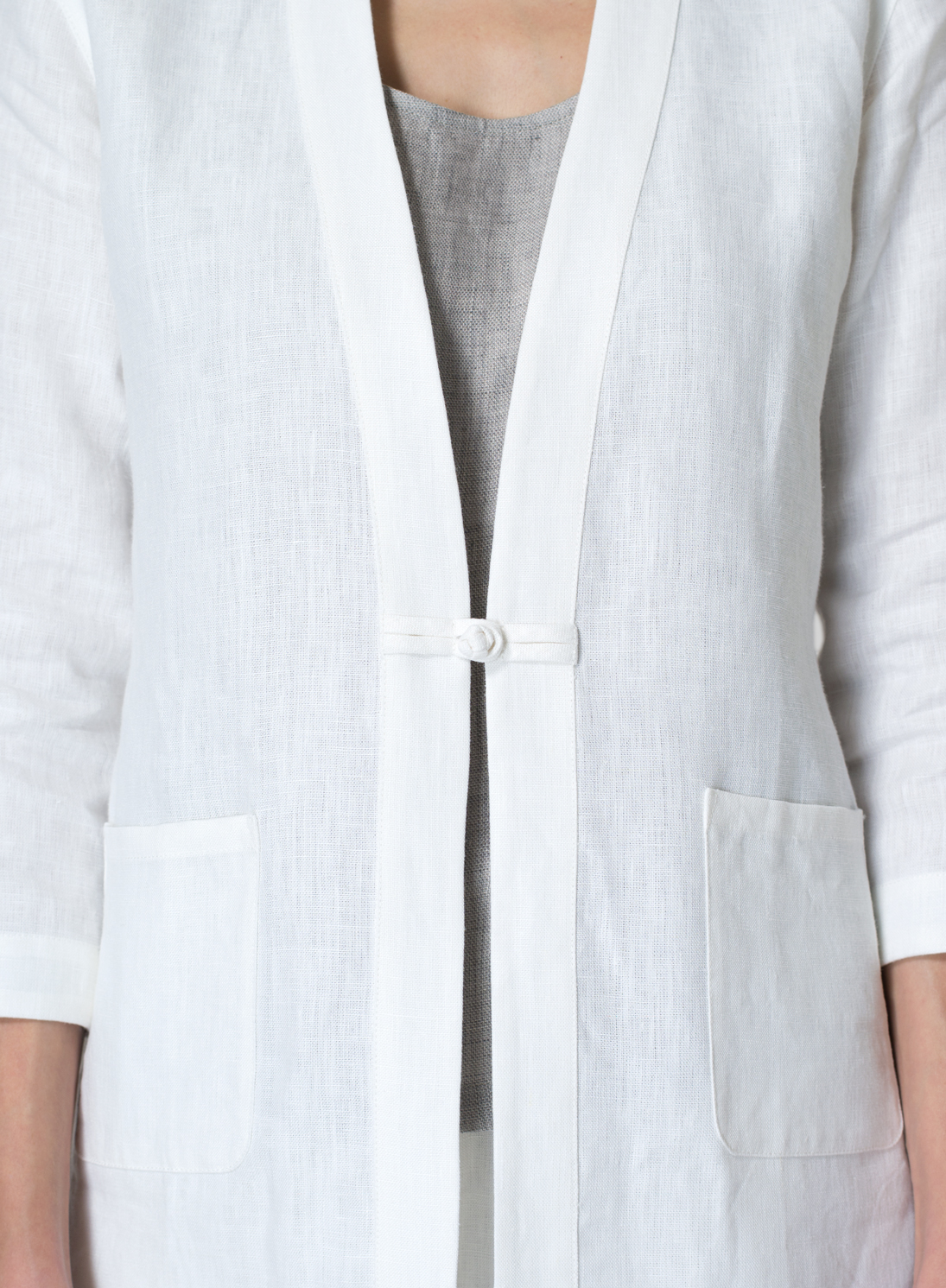 White Linen Handmade Knot Button Tapered Jacket