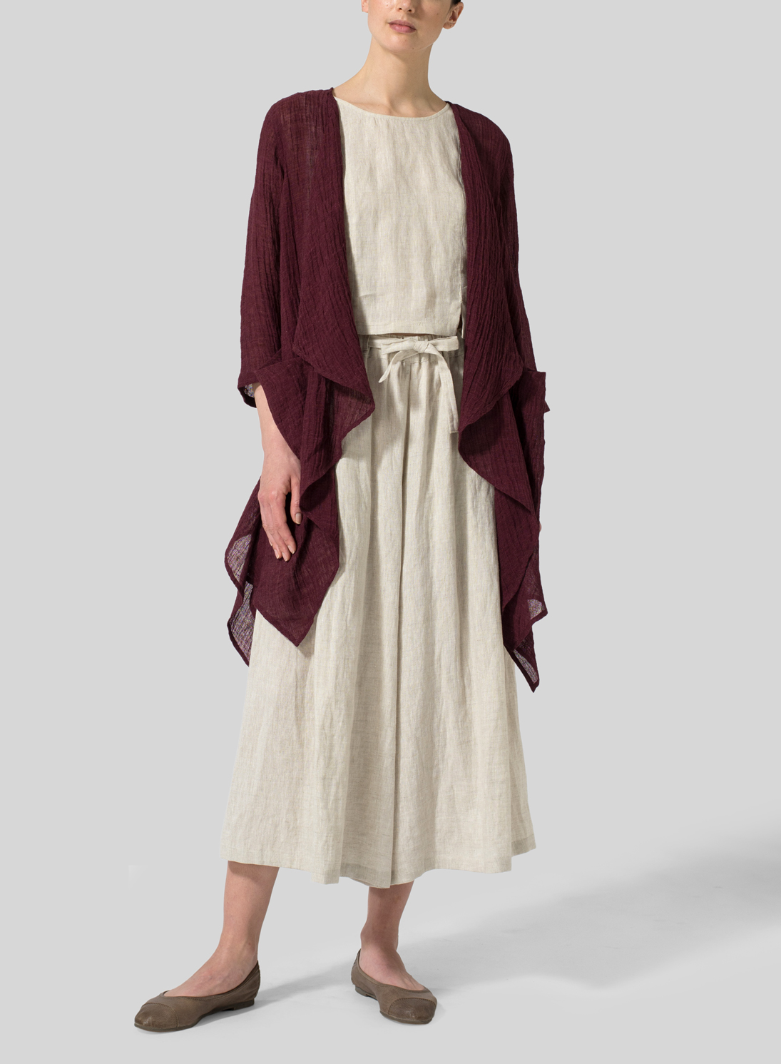 Plum Linen Waterfall Open Gauze Jacket Plus Size