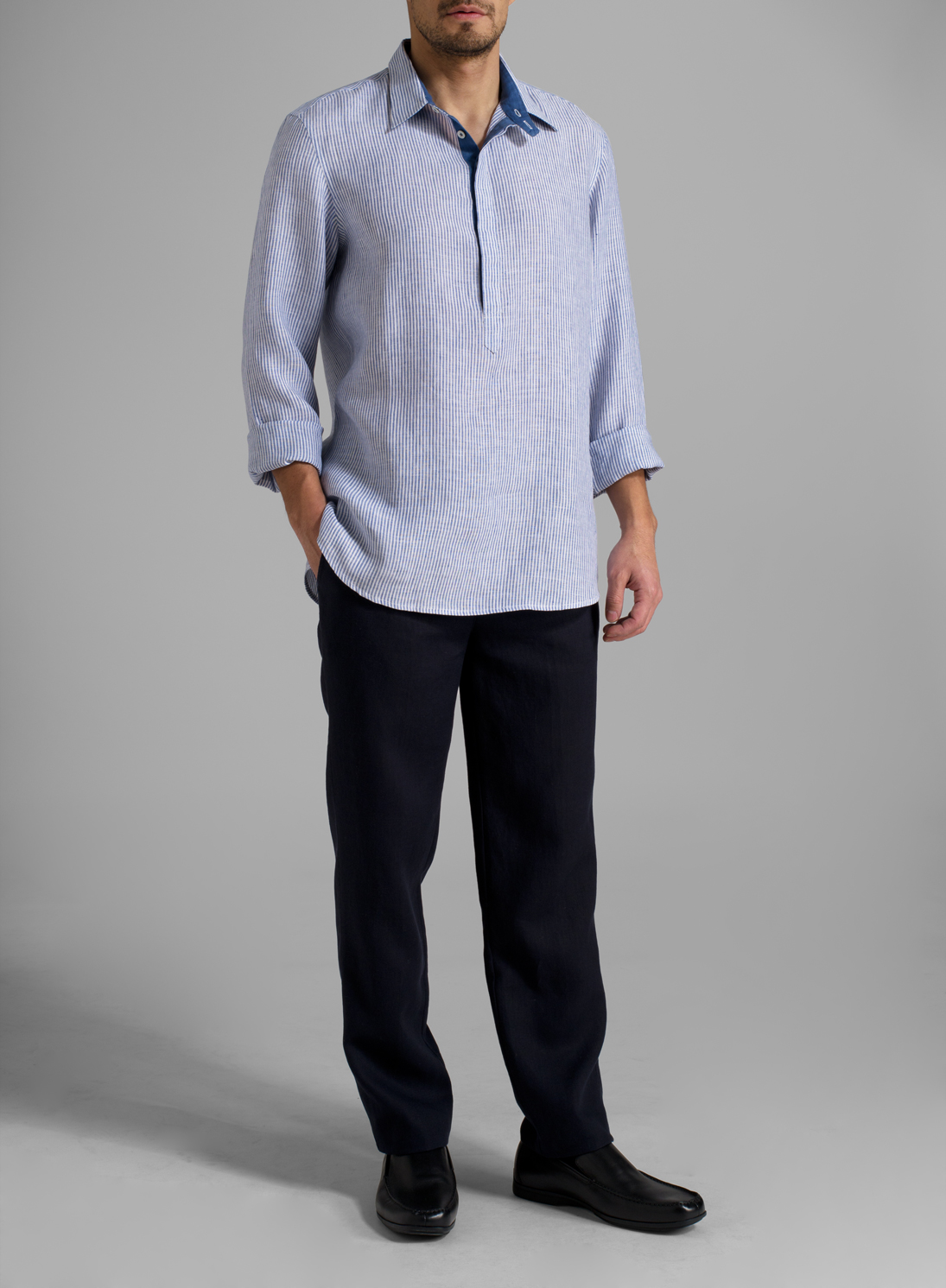 MEN Clothing Linen Men Popover Long Sleeve Shirt