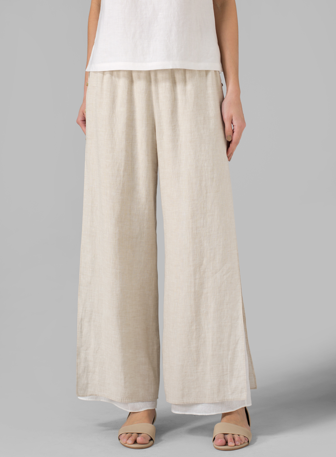Linen Double Layers Pants With Sea Shell Button