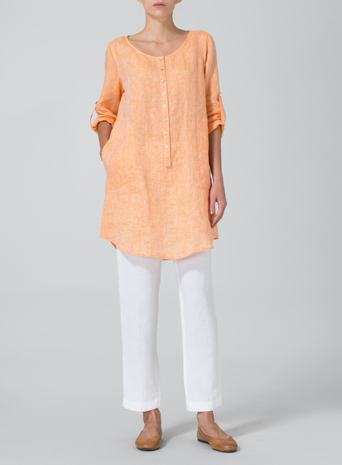 Orange Linen Half Button Long Top Set Plus Size