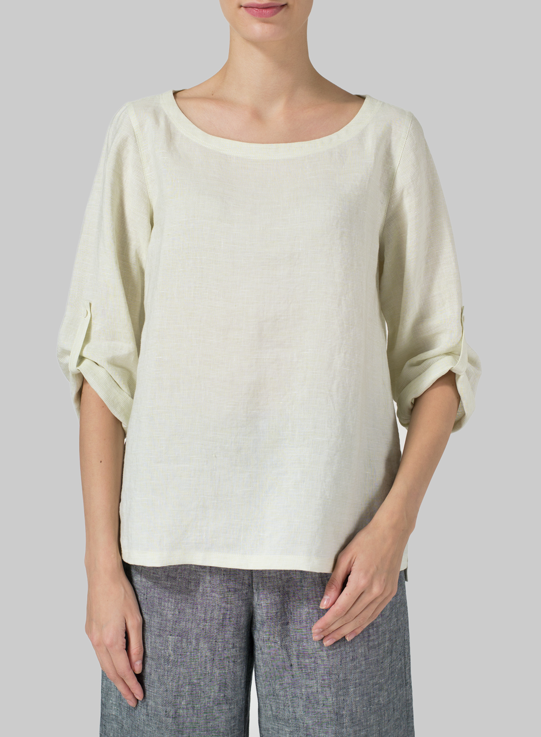 Lime Stripe Linen Boat Neck Threequarter Sleeve Top Set