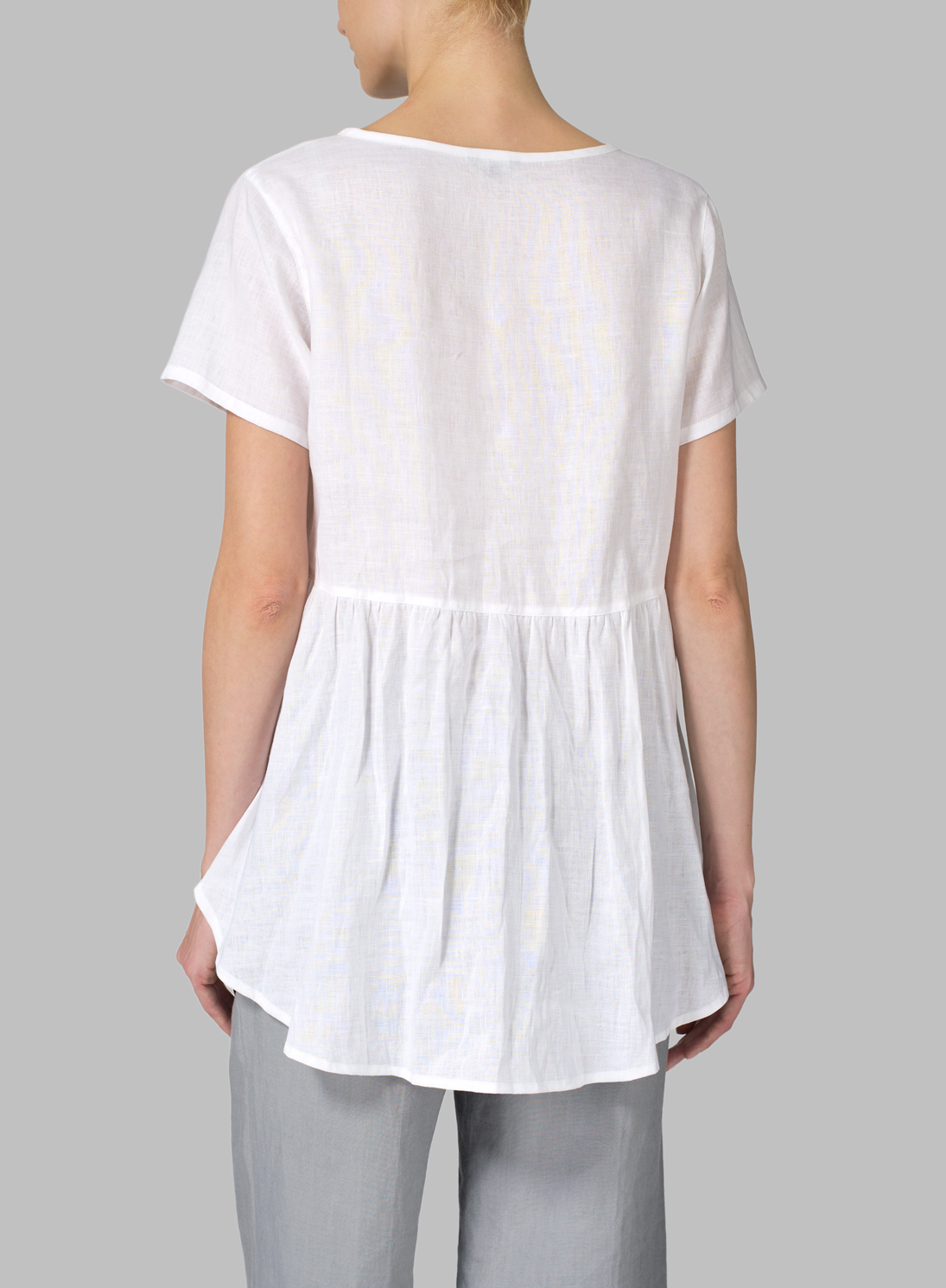 White Linen Short Sleeve Pleated Blouse Set
