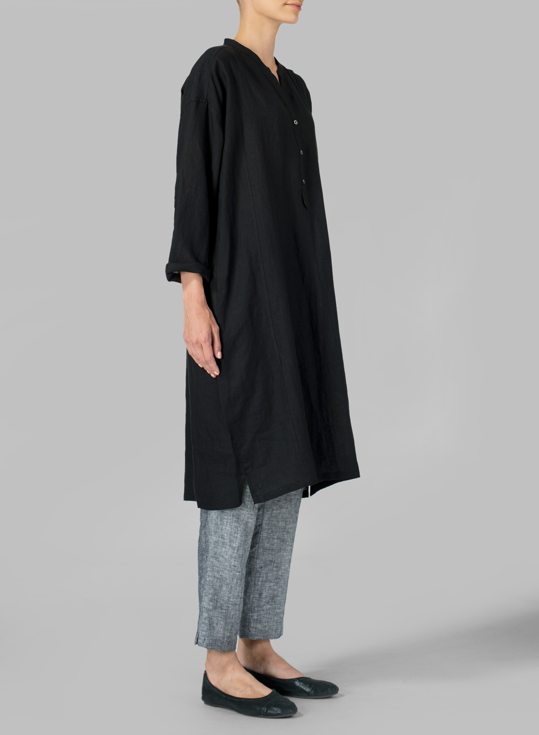 Black Linen Long Sleeve Long Blouse Set Plus Size