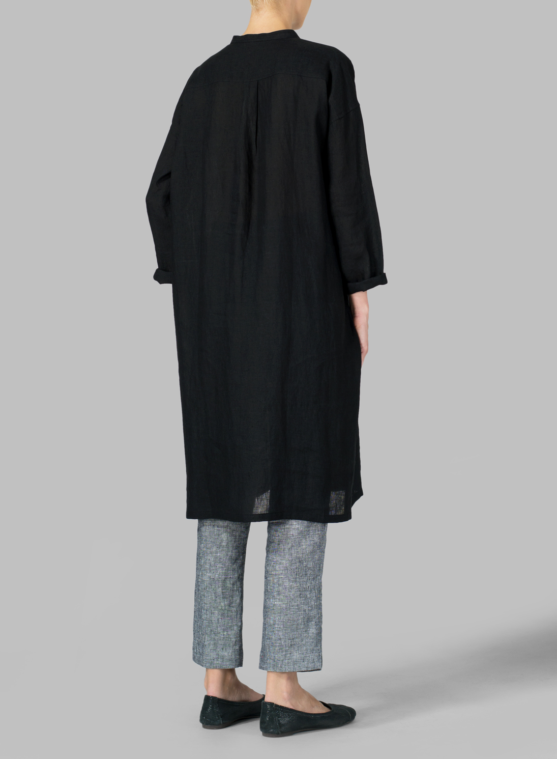 Black Linen Long Sleeve Long Blouse Set Plus Size