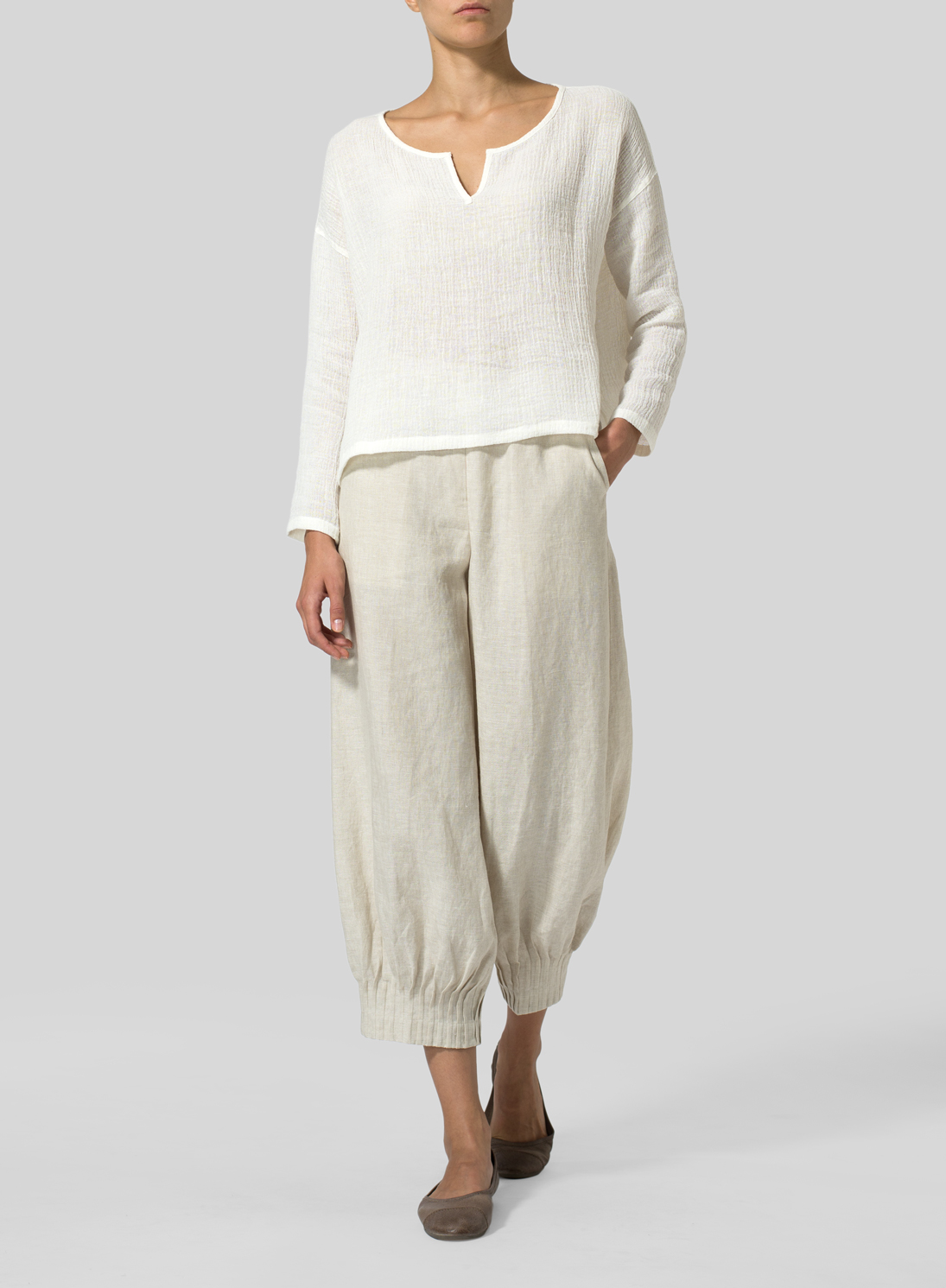 Linen Crinkle Gauze Vneck Boxy Top