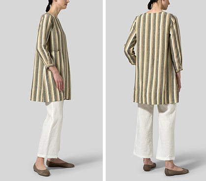 Khaki Beige Stripe Linen Long Sleeve Slip-On Shift Dress