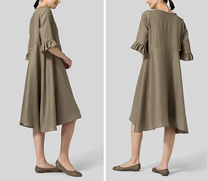 Light Tan Linen Ruffle Sleeves Long Dress
