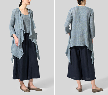Dark Sky Blue Linen Waterfall Open Gauze Jacket