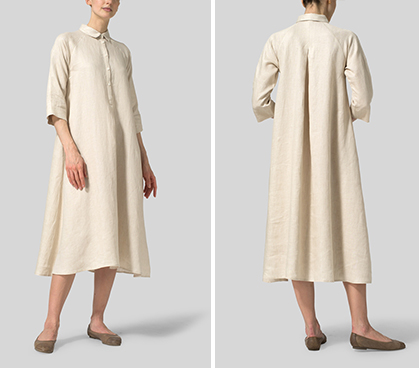 Beige Linen A line Shirt Dress