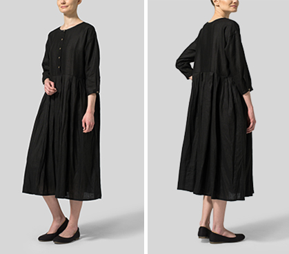 Black Linen Pleated Loose Long Dress