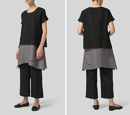 Black Plaid Gray Linen Layered Top