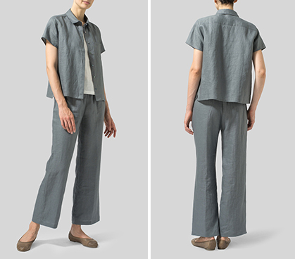 Cool Gray Linen Short Sleeve Mini-point Collar Shirt