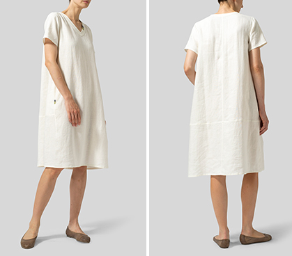 Cream White Heavy Linen Short-Sleeve Heart-Neck Dress
