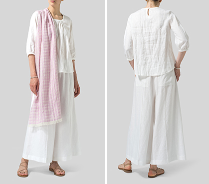 Linen Three-Quarter Bishop-Sleeve Blouse Set