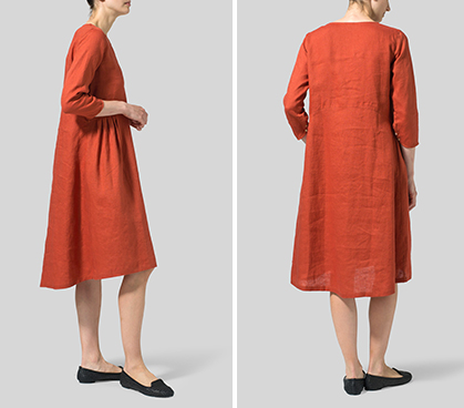 Burnt Orange Linen Empire Waist Midi Dress