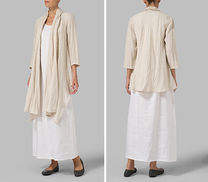 Oat Linen Long Shawl-Collar Over Jacket Set