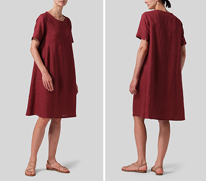 Burgundy  Linen Boat Neck Short Sleeve Dress