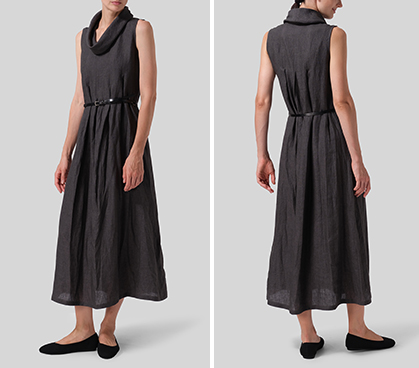 Dark Gray Linen Sleeveless Cowl Neck Long Dress