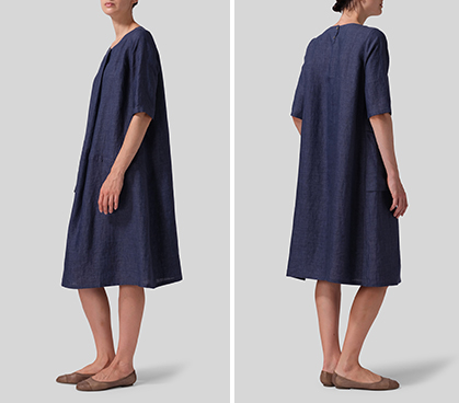 Denim Linen Long Center Pleated Dress