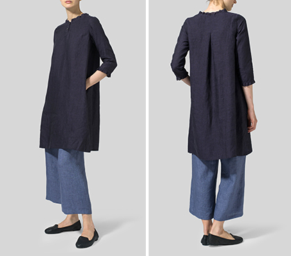 Dark Purple Linen Half Sleeve Ruffle Neck Tunic