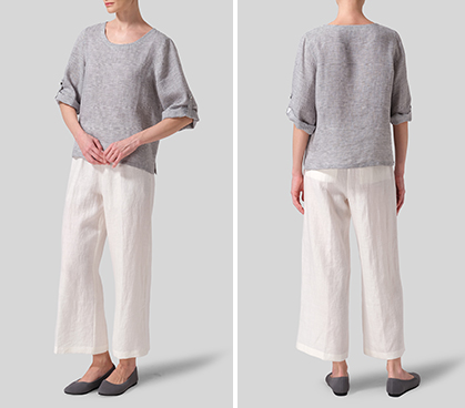 Black Weave Linen Relaxed Fit Boat Neck Top