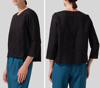Black Linen Three-quarter Sleeve V-Neck Blouse