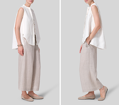Linen A-line Sleeveless Top with Mandarin Collar Set