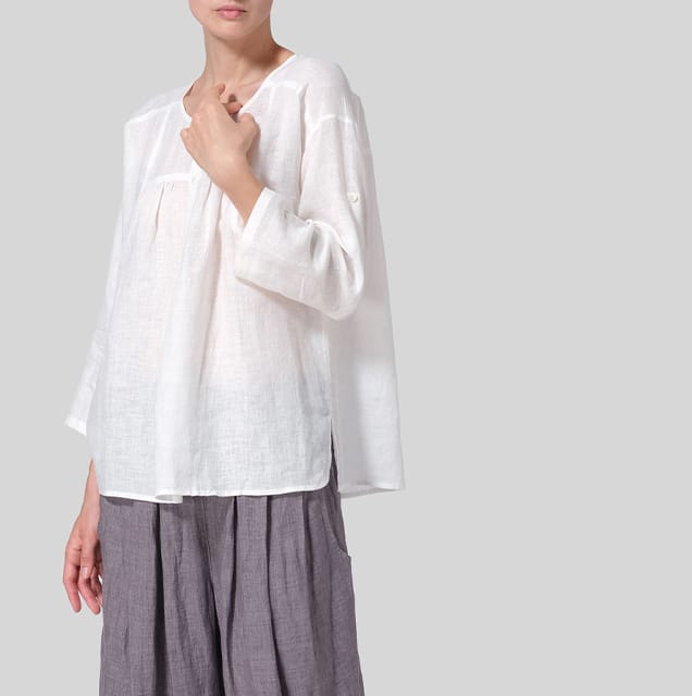 Linen Loose Fit Roll-Tab Sleeve Pleated Blouse