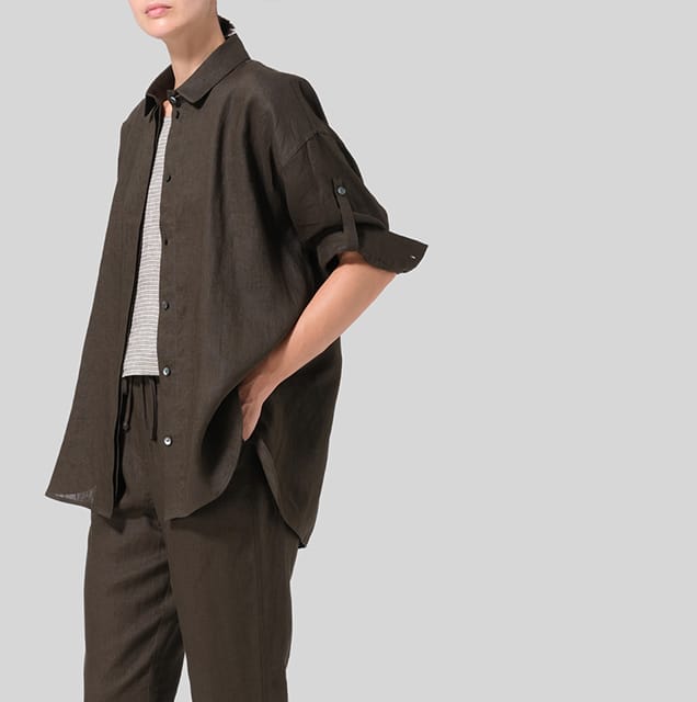 Linen Straight Hidden-Button Classic Collar Top